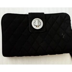 Vera Bradley RFID Turnlock Zip Around  Wallet Classic Black Microfiber EUC A17